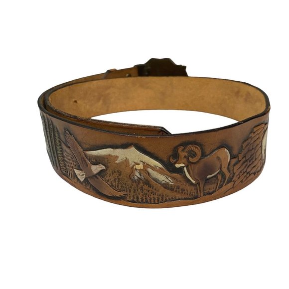 Rain Tree 1978 Gold Buckle Moose LATITAN Leather Artisan Hand Stained Belt 36 - Picture 3 of 10